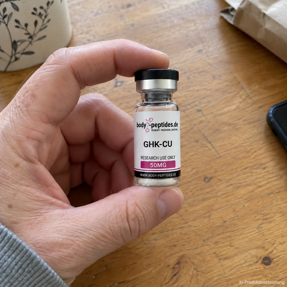 KI-Produktinszenierung: GHK-CU-Fläschchen in einer Hand über einem Holztisch