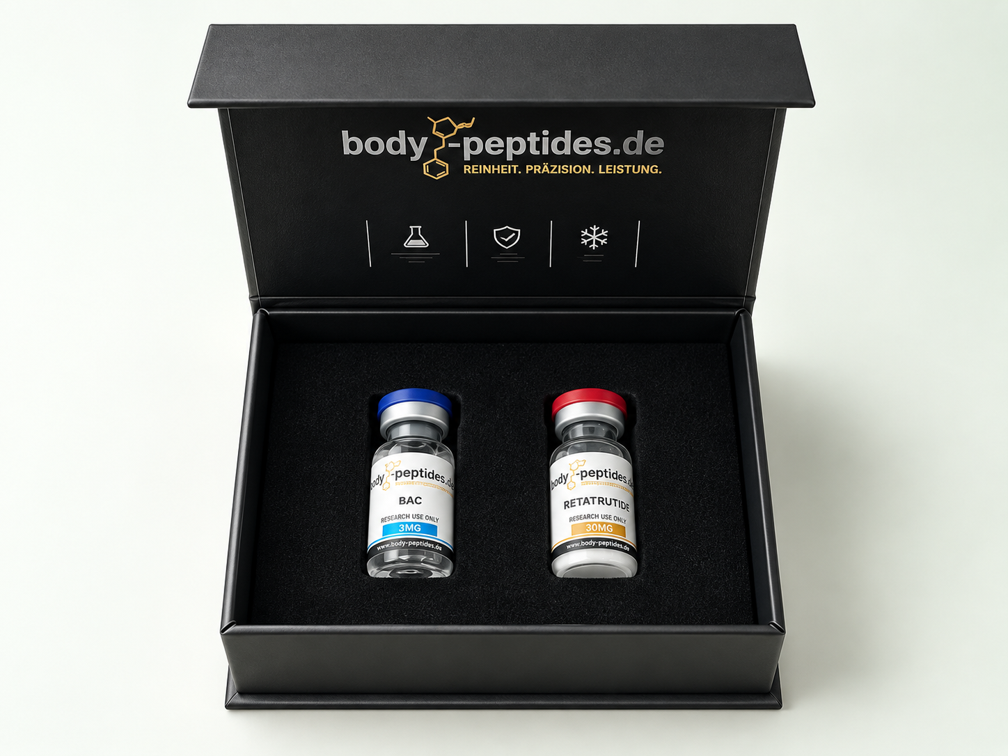 Geöffnete schwarze BODY-PEPTIDES-Magnetbox mit zwei Fläschchen